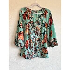 Figueroa & Flower Women's Turquoise Floral Henley Blouse 3/4 Sleeve XL